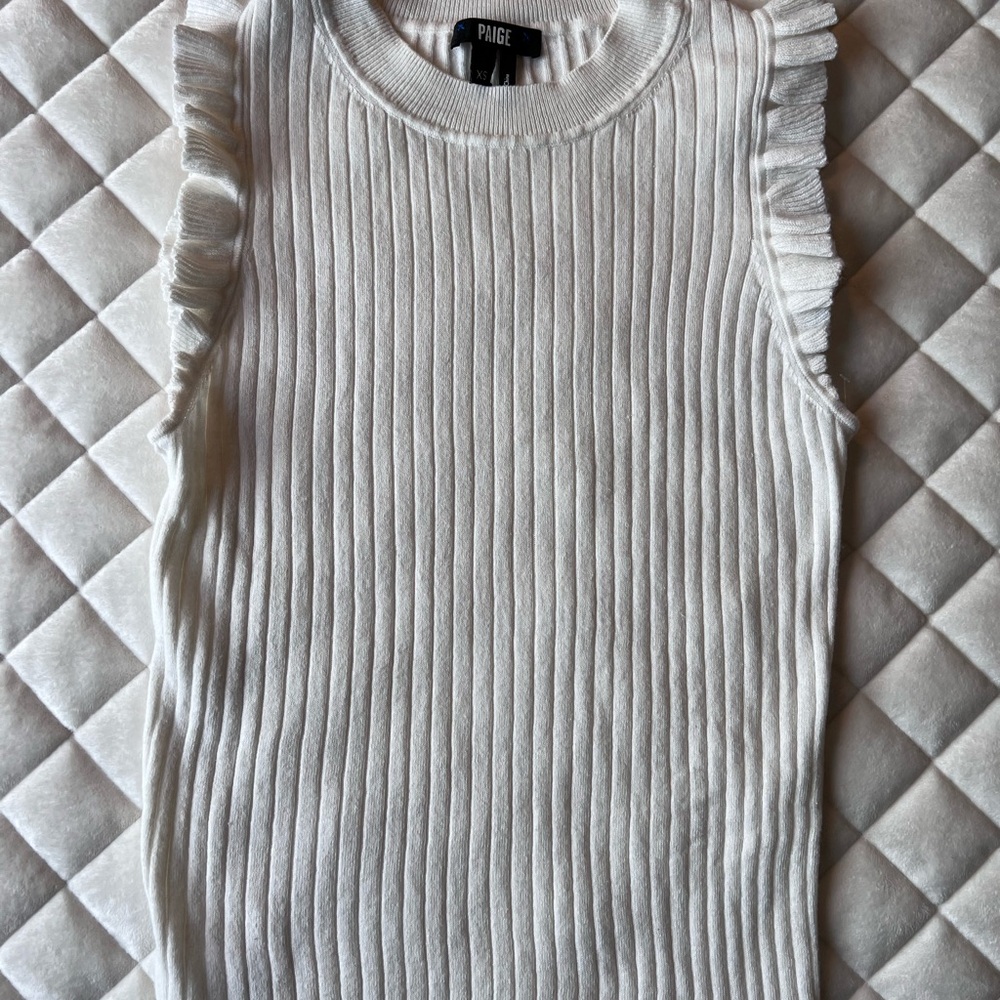 Paige Cream Ruffled Ribbed Crew Neck Knit Top